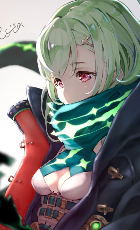 戴围脖穿大风衣的青色发色的动漫美女高清手机壁纸