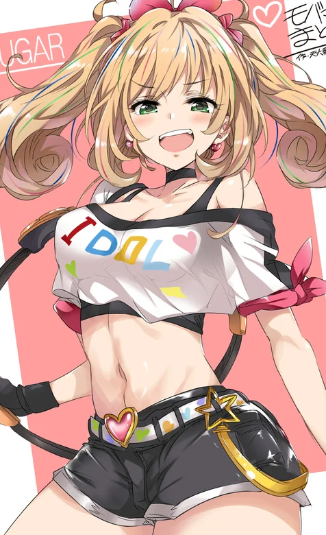 露脐装，吊带短裤的双马尾动漫女孩高清手机壁纸