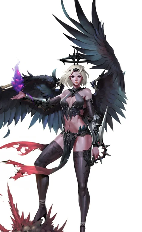 脚踩骷髅头手拿匕首，有一双大翅膀的动漫女恶魔高清手机壁纸