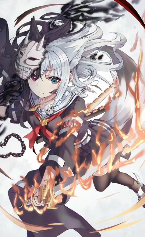 鬼面面具，挥刀扬起火焰的动漫人物手机壁纸