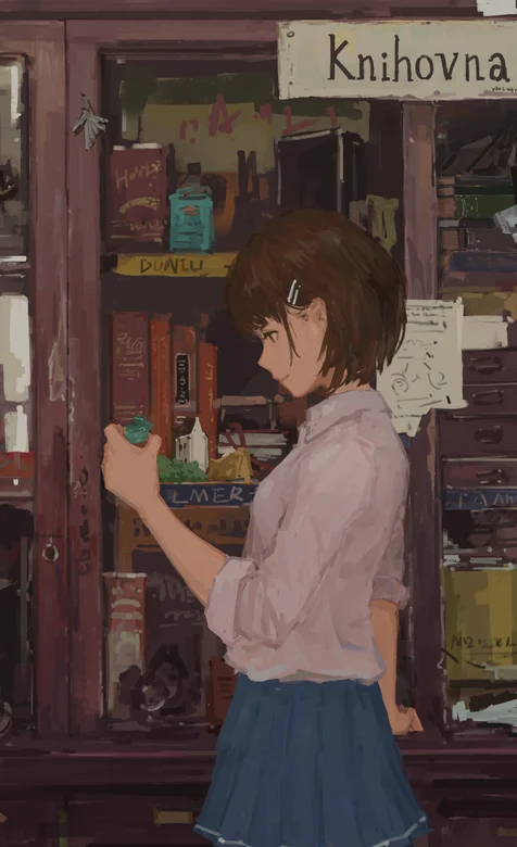 手绘在书架前的短发清纯动漫少女