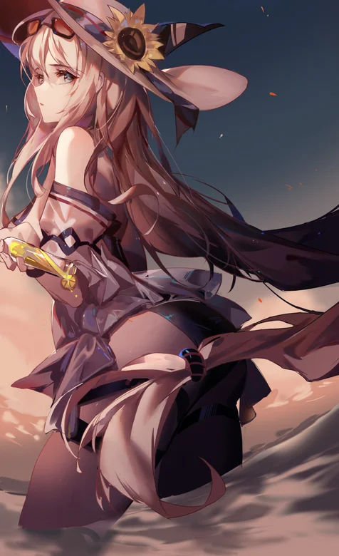 站在海上里，带着草帽的性感动漫女生插画手机壁纸