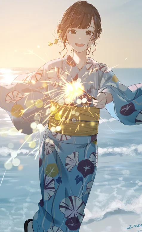 海边放烟火的日系穿和服的动漫女孩超清手机壁纸