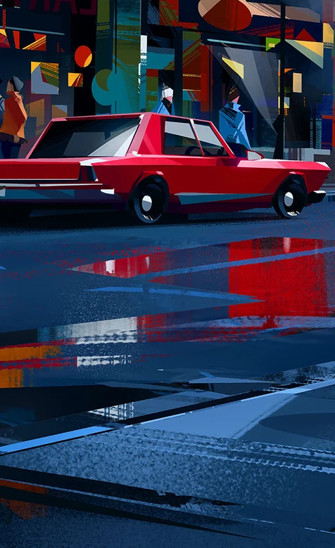 菱形2D插画下过雨的街道上停着的老爷车高清手机壁纸