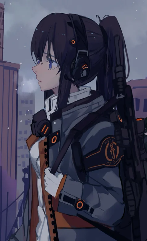 头戴战术耳麦，身背自动步枪的动漫马尾辫女生