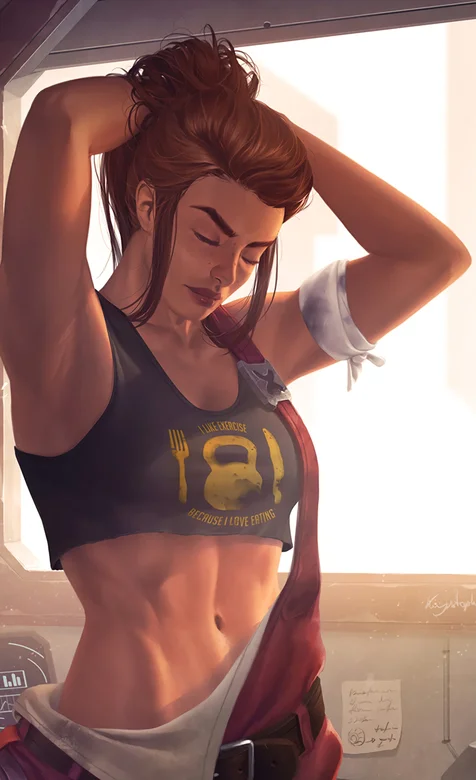 撩头发换衣服的腹肌健身动漫少女