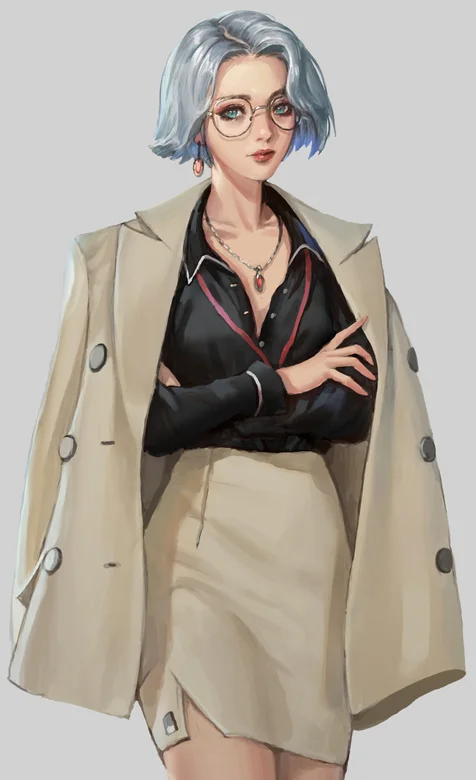 灰色短发戴眼镜，身披外套的动漫御姐