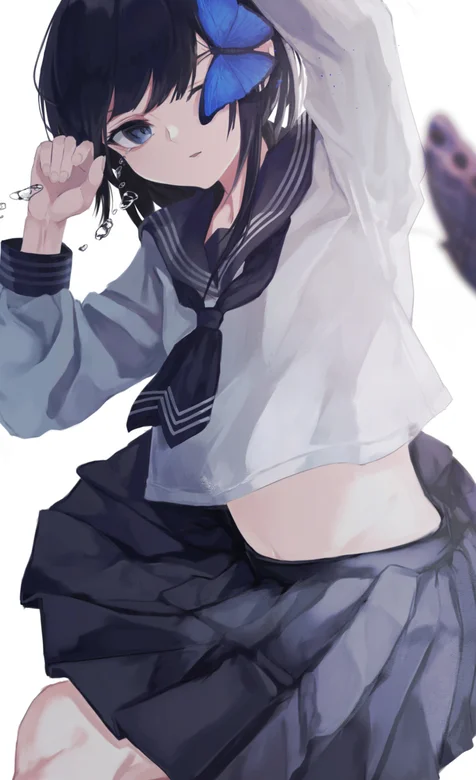 穿学生服和蓝色蝴蝶玩耍的动漫少女插画手机壁纸