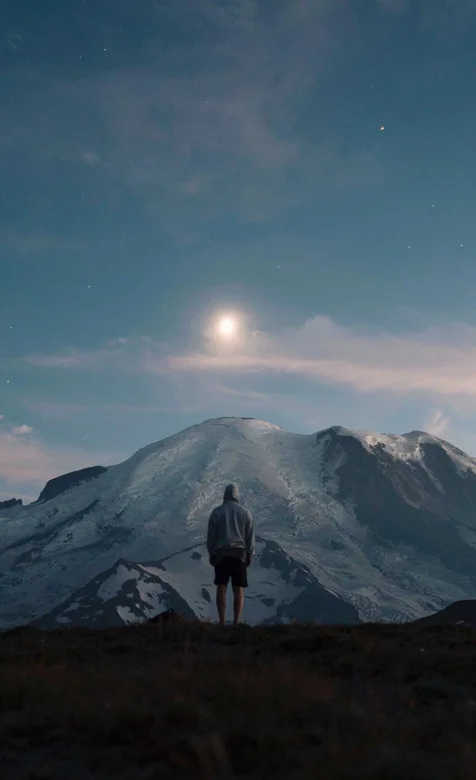 站在山顶看日落的登山少年风景壁纸