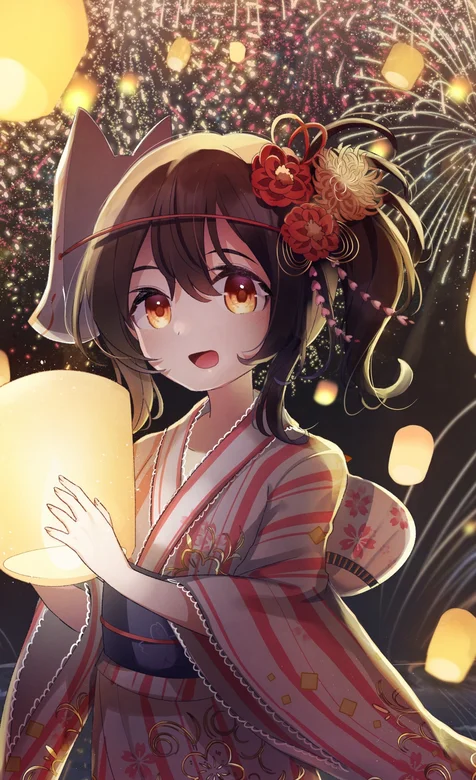 放孔明灯穿和服的动漫女孩高清手机壁纸