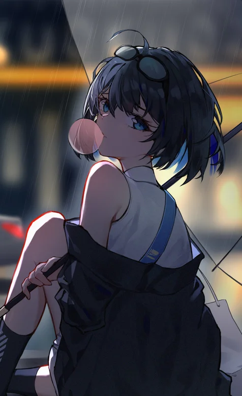 打着雨伞口嚼泡泡糖的动漫少女