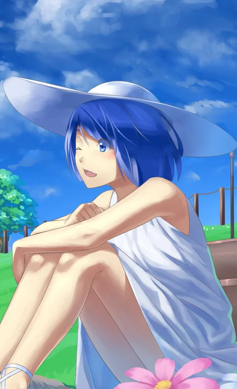 蓝蓝的天空戴草帽坐在草地上的动漫少女