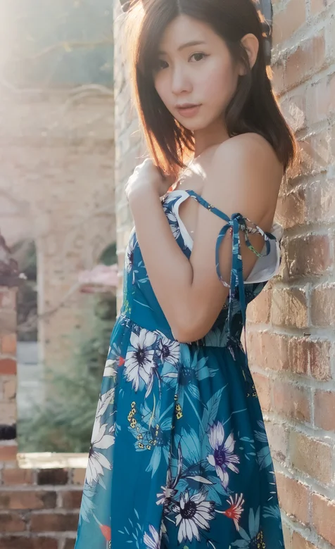 靠墙而站性感无比的吊带长发美女