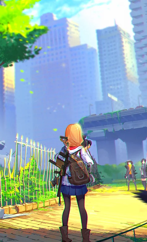 站在城市公园路上背着枪的动漫女孩