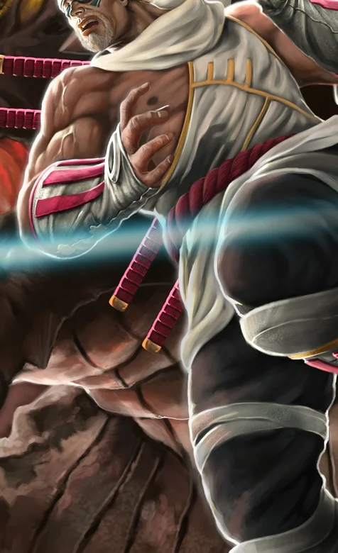 肌肉健硕身背4把武士刀的日本武士