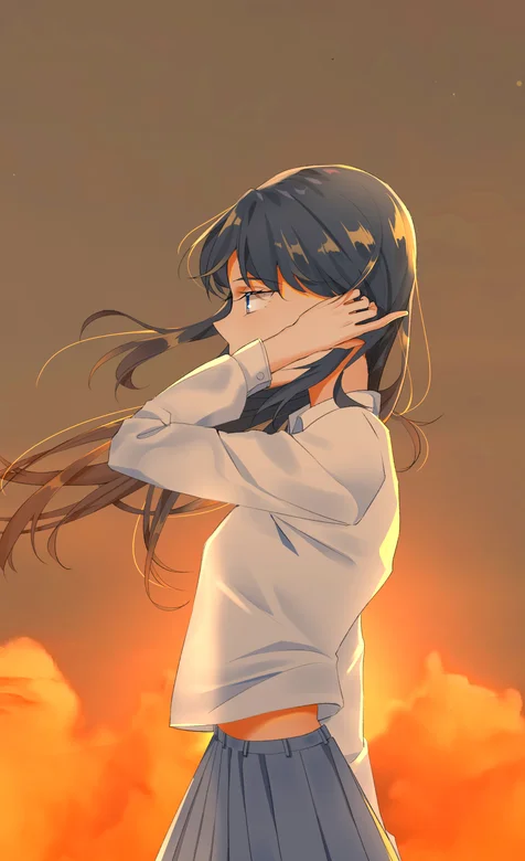 海风吹拂着秀发站在海边穿百褶裙的动漫美女