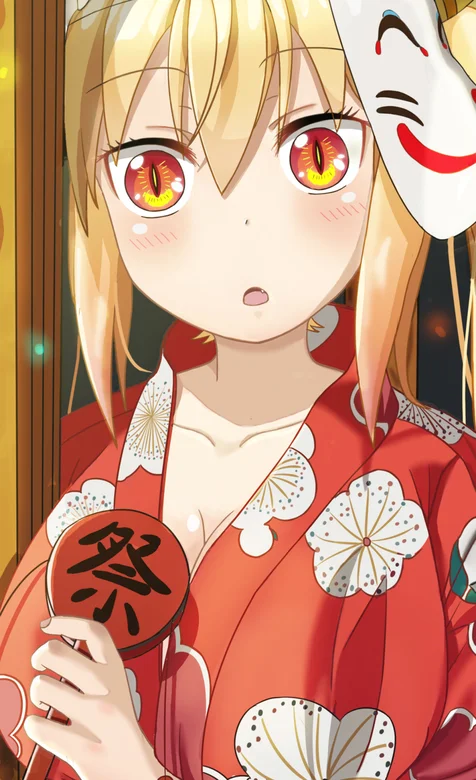 穿红色和服头戴狐狸面具的动漫美女手机壁纸