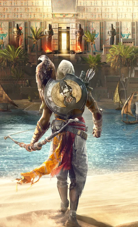 肩上站着鹰手拿弓箭身背盾牌的游戏人物