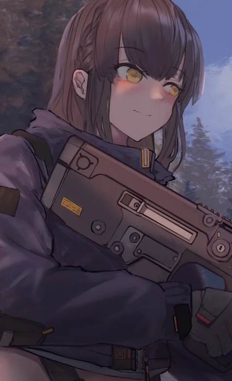 拿自动步枪的刘海长发游戏女角色插画