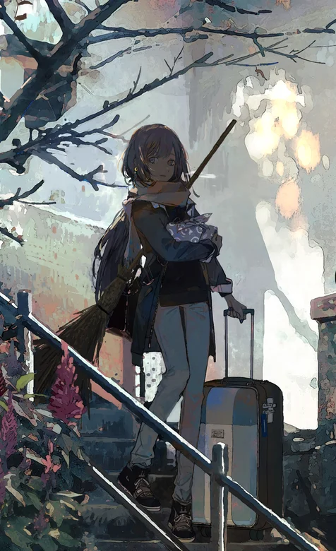 背着扫把手拉行李箱走在阶梯上的动漫少女