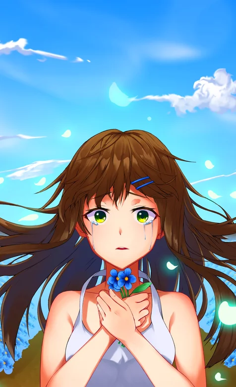 蓝蓝的天空下双手捧花的动漫少女