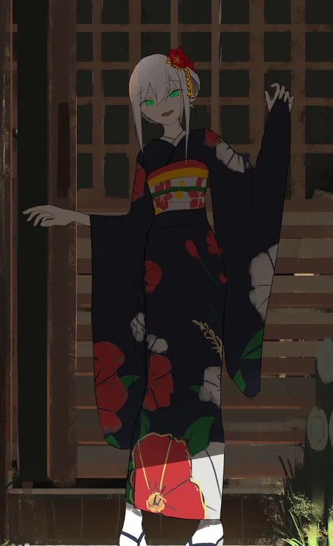 手绘人像画壁纸，穿黑色和服和木屐的动漫少女