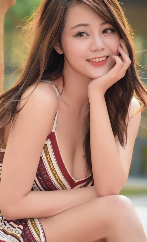 身穿清凉性感深V条纹裙的长发美女