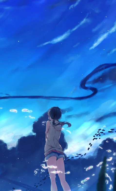 梦幻意境草地上的动漫短裤少女高清手机壁纸