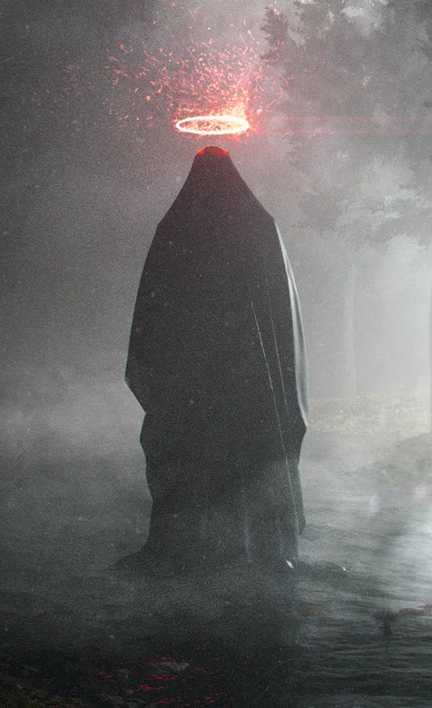 幽暗的森林披黑衣头上有光环的人物背影个性手机壁纸