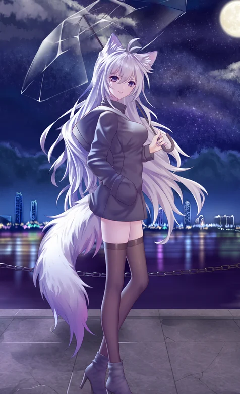 撑着雨伞的动漫狐狸美少女