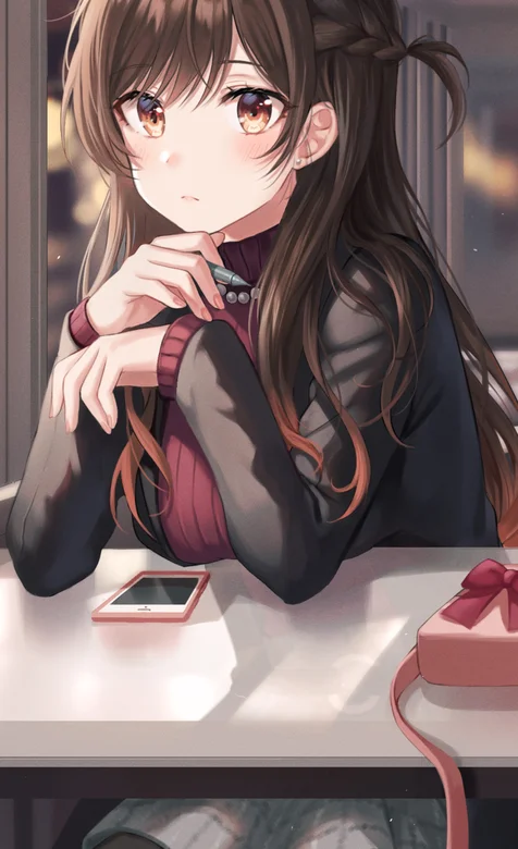 手绘坐在书桌上的动漫二次元大眼少女