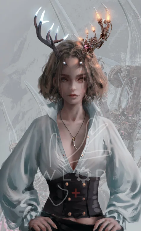 戴灯座的皇冠动漫女人物手绘插画手机壁纸