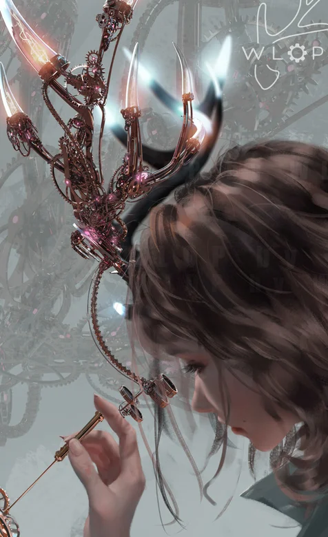 手绘修灯的女孩手机壁纸