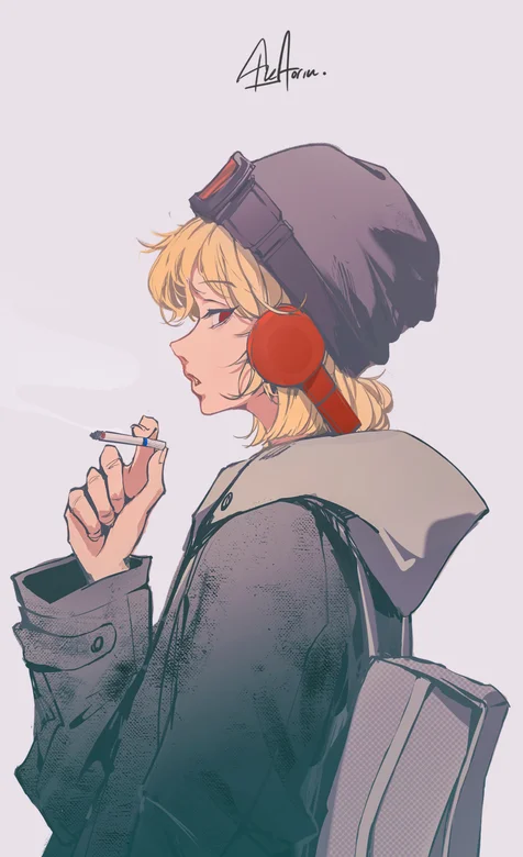 背着背包听着歌手里叼着烟的动漫人物高清手机壁纸