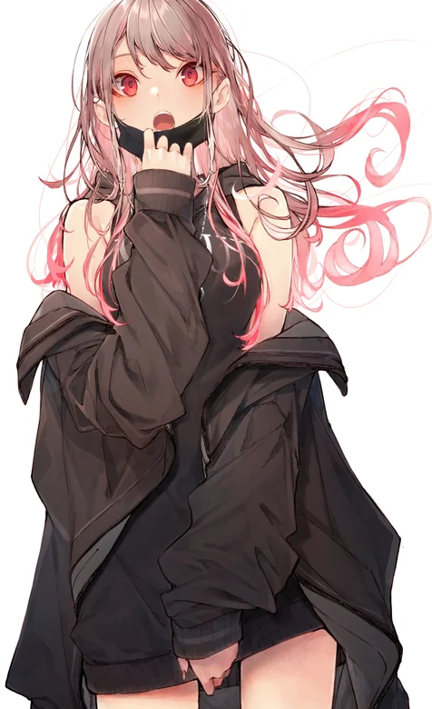 黑色外套，戴口罩的动漫美女人像插画手机壁纸