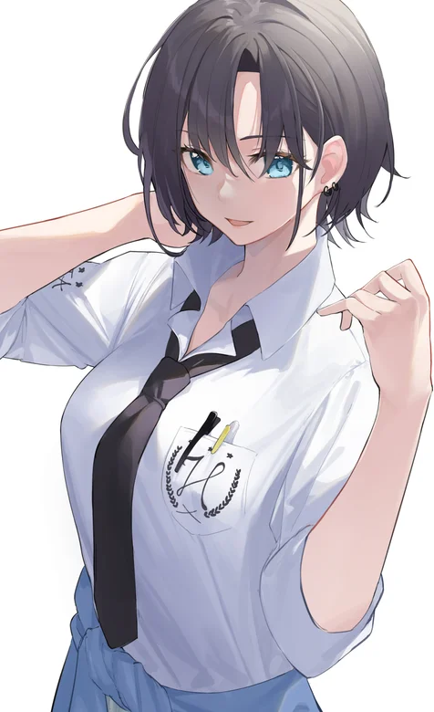 衬衫黑领带，短发时尚动漫少女手绘壁纸