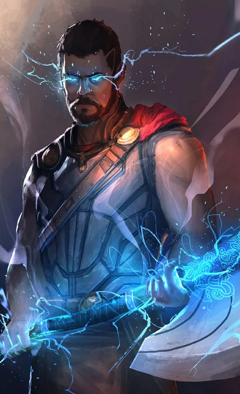 雷神之锤，手拿斧头，眼带闪电的雷神酷飒手机壁纸