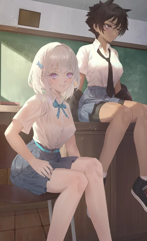 学校黑板前的2个动漫早熟少女手绘手机壁纸