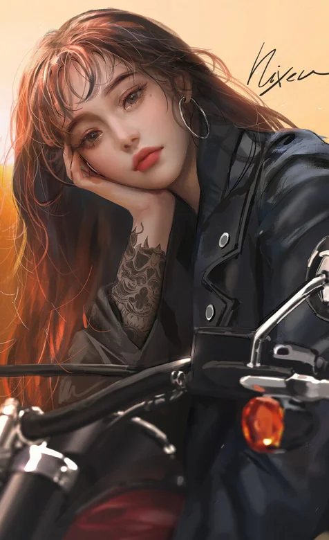 机车少女，单手托腮坐在摩托车上的时尚女孩高清插画手机壁纸图片