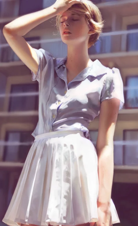 手捂额头的皮肤白皙欧美白裙少女阳光下唯美手机壁纸图片