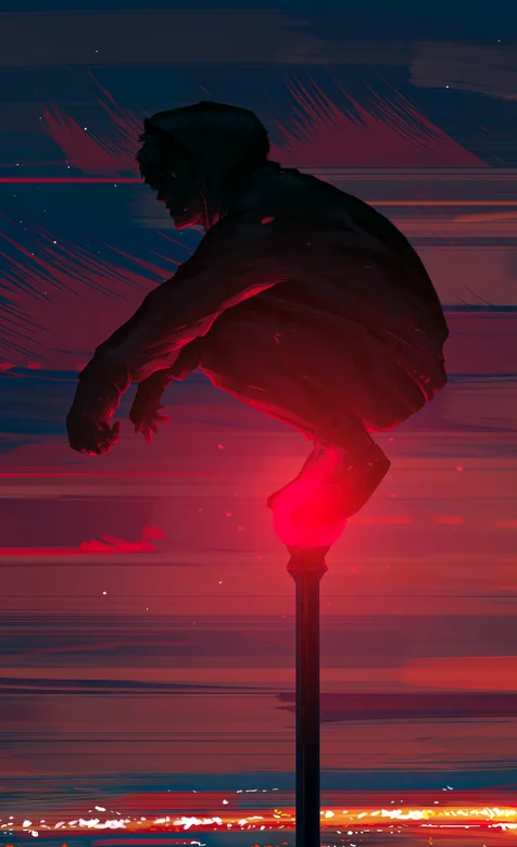 蹲在红色路灯上的男孩，城市 夜景，动漫男孩手机壁纸图片