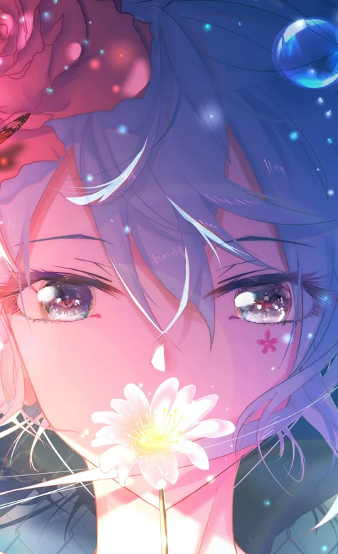 花与少女，手拿着小花的动漫少女高清手机壁纸