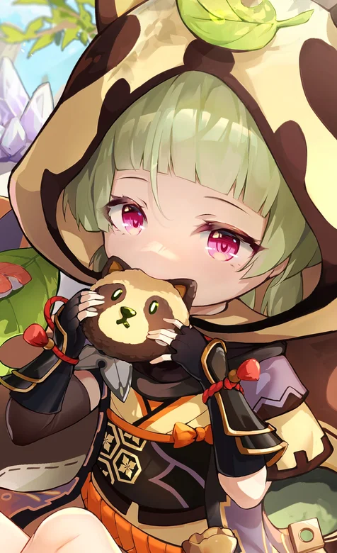 啃着小熊面包的可爱卡通少女-游戏《原神》人物早柚手机壁纸图片