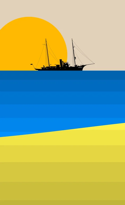太阳，轮船 大海，简约卡通色彩海运手机壁纸图片