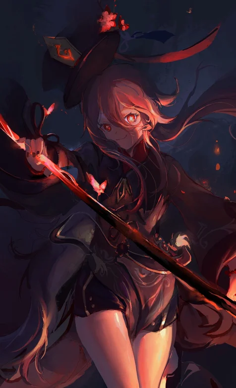 手拿长枪的性感长腿动漫少女-游戏《原神》人物胡桃手机壁纸