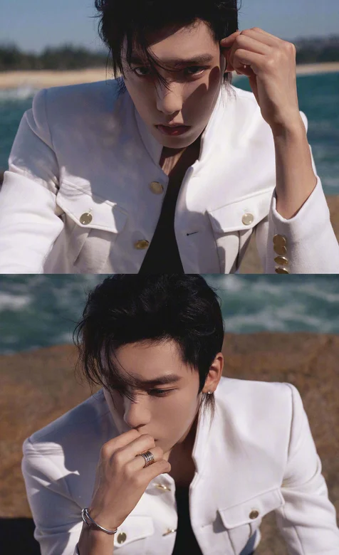 王子异帅气白色牛仔服海边写真手机壁纸