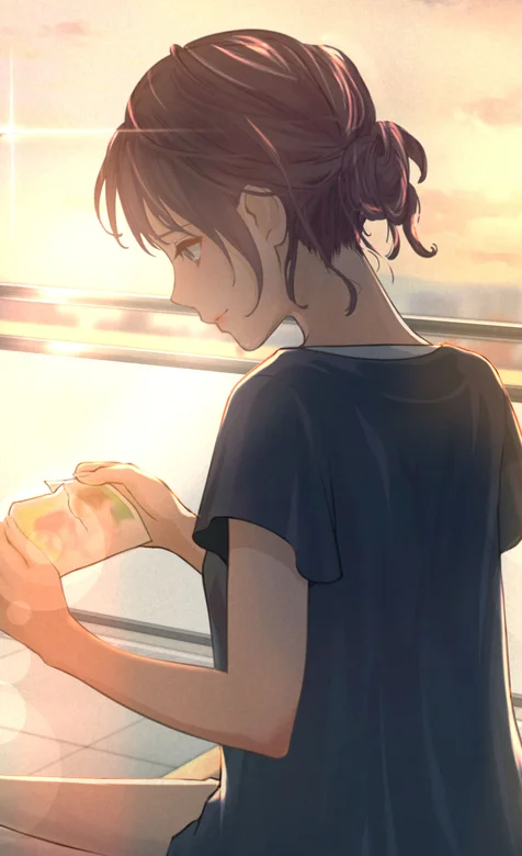 坐着的动漫T恤衫短裤女孩唯美侧脸背影插画手机壁纸图片