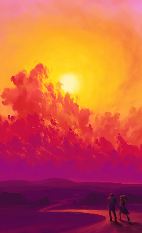 超美黄昏，夕阳，以及行走在山间小路的一对情侣动漫手机壁纸图片