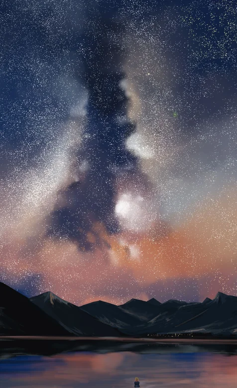 夜晚，璀璨梦幻的星空下，山川，湖泊，和一个女孩精美手机壁纸