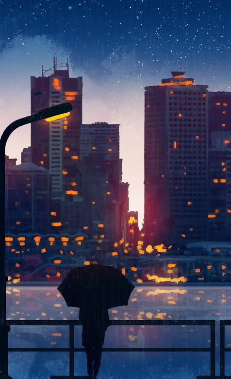 灯光辉煌的城市夜空，一个撑着伞的男人背影伤感手机壁纸图片